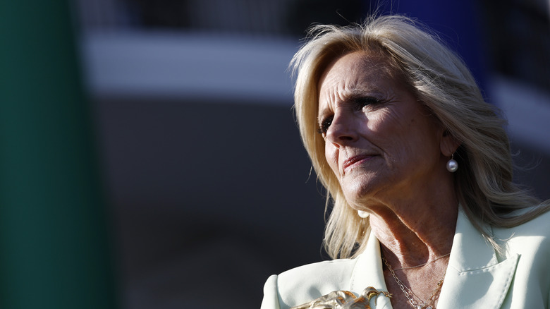 Jill Biden looks on against the sun during South Lawn event