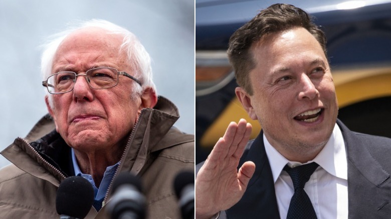 Bernie Sanders speaking at microphone, Elon Musk waving