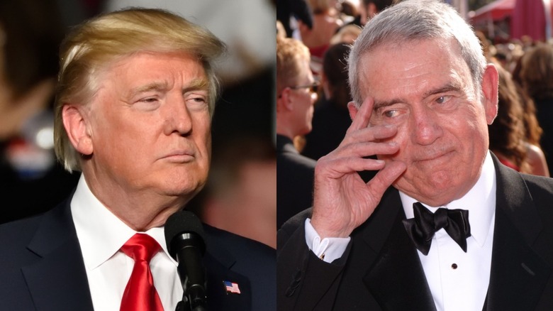 Donald Trump looks on, Dan Rather smiles