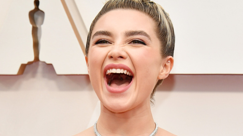 Florence Pugh with her mouth open