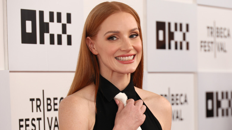 Jessica Chastain, looking hesitant