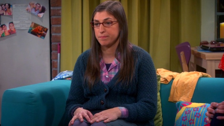Mayim Bialik in The Big Bang Theory looking pensive
