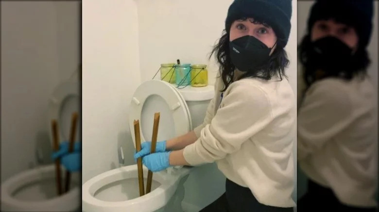 Rachel Brosnahan plunging her toilet 