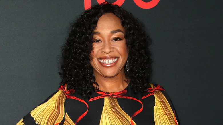 Shonda Rhimes in a patterned dress