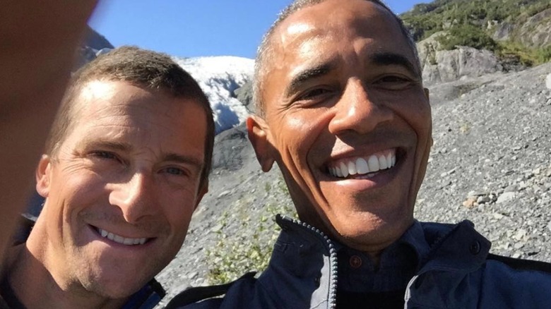 Bear Grylls and Barack Obama smiling in a selfie