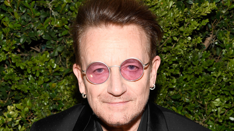 Bono posing in front of a bush