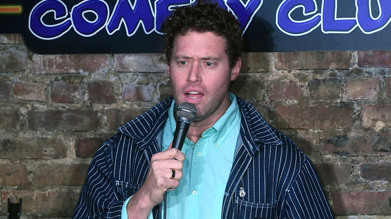 T.J. Miller on stage at Stress Factory Comedy Club