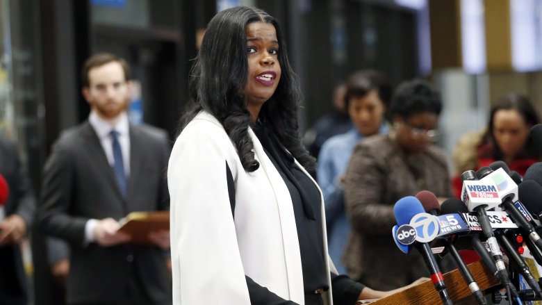 Kim Foxx speaking to reporters
