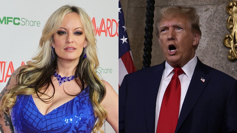 Stormy Daniels posing, Donald Trump speaking