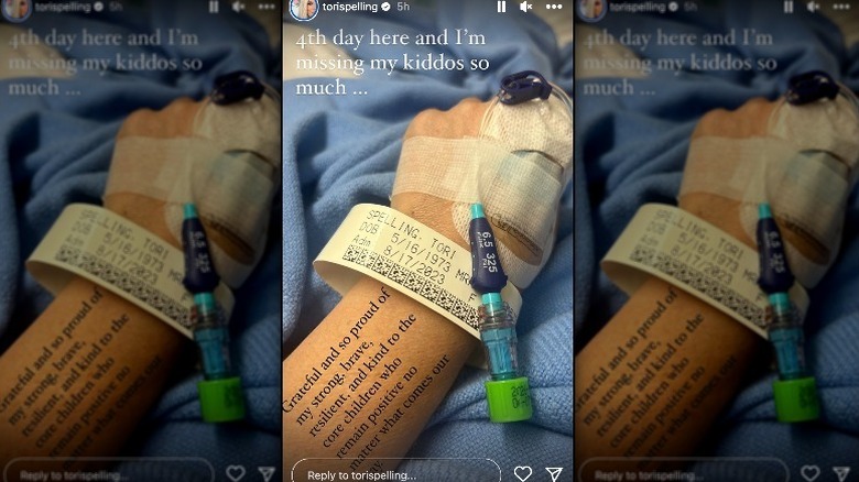 Tori Spelling's arm hooked to IV