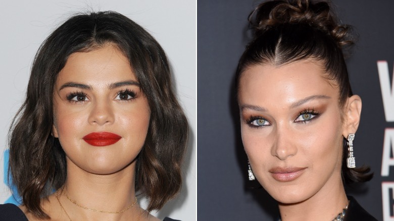 Selena Gomez and Bella Hadid smiling slightly
