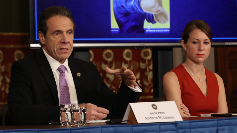 Melissa DeRosa sitting with Andrew Cuomo in 2020