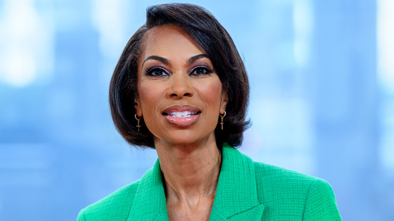 Harris Faulkner bobbed hair green jacket