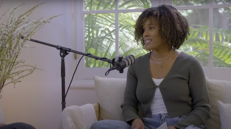 Nina Westbrook recording her podcast