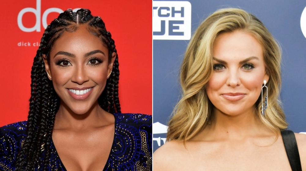 Tayshia Adams and Hannah Brown smiling in split image