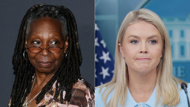 Split image of Whoopi Goldberg wearing glasses down on nose and Karoline Leavitt pressing her lips together