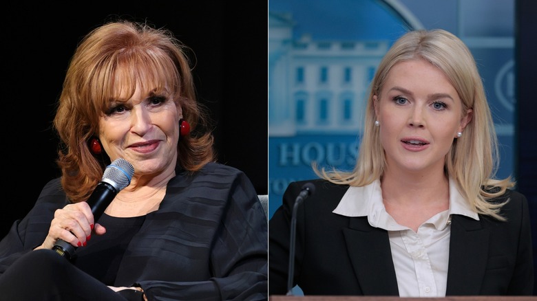 Split image of Joy Behar holding a microphone and Karoline Leavitt at a podium