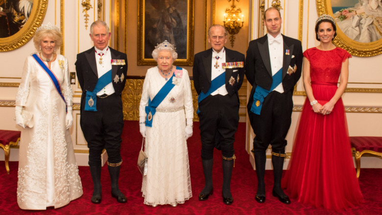 Camilla Parker Bowles, Prince Charles, Queen Elizabeth II, Prince Philip, Prince William, and Kate Middleton at a royal event