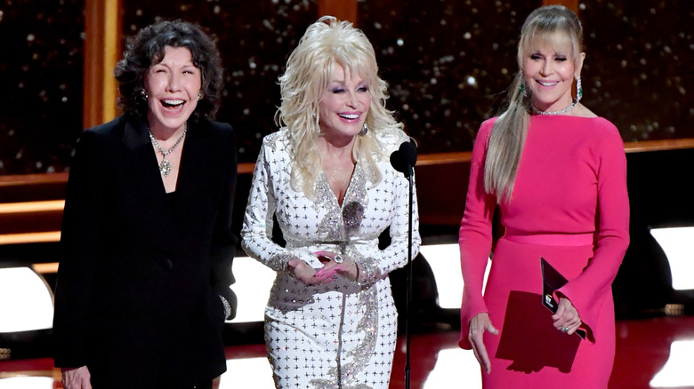 Lily Tomlin, Dolly Parton and Jane Fonda on stage at the 2017 Primetime Emmys.