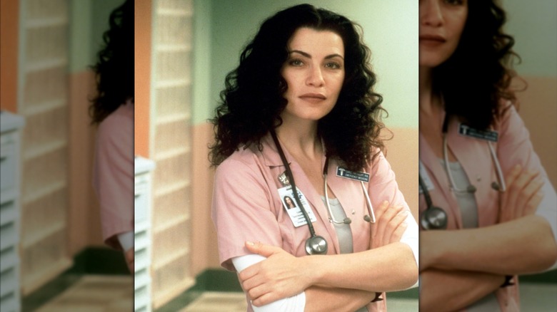 Julianna Margulies dressed in pink scrubs as her character in "ER."