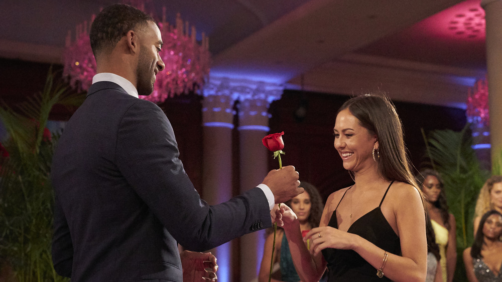Abigail Heringer receiving a rose from Matt James on The Bachelor