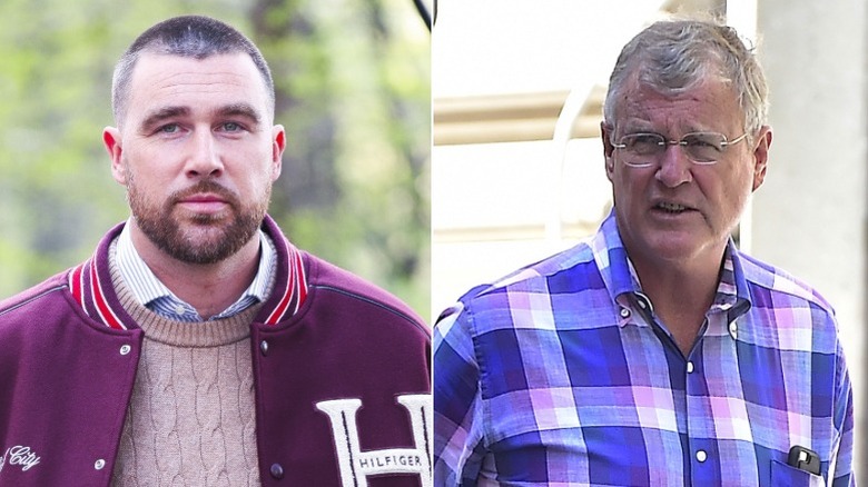 Split image of Travis Kelce and Taylor Swift's dad Scott