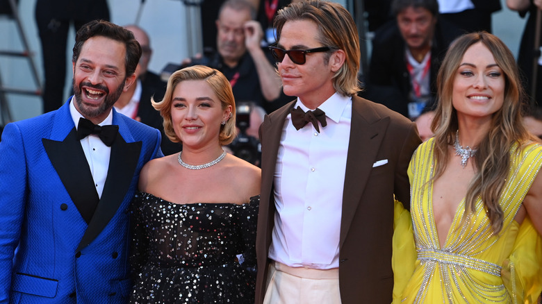Nick Kroll, Florence Pugh, Chris Pine and Olivia Wilde attend the "Don't Worry Darling" red carpet at the 79th Venice International Film Festival