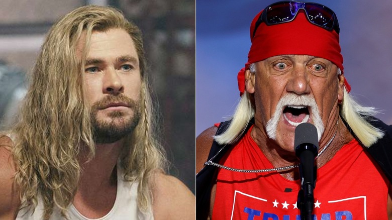Chris Hemsworth in "Thor: Love and Thunder," left, and Hulk Hogan ripping his shirt as he speaks on stage on the fourth day of the Republican National Convention at the Fiserv Forum on July 18, 2024 in Milwaukee, Wisconsin, right