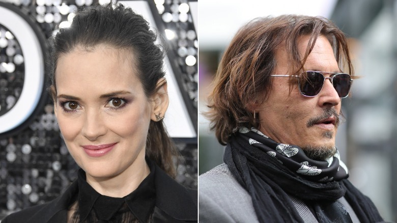 Winona Ryder smiling, Johnny Depp in sunglasses