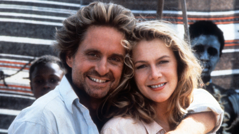 Michael Douglas Kathleen Turner on set