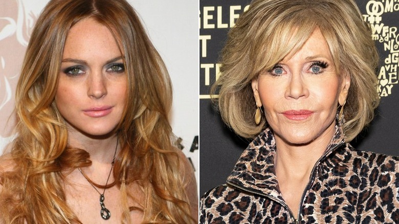 Lindsay Lohan; Jane Fonda posing