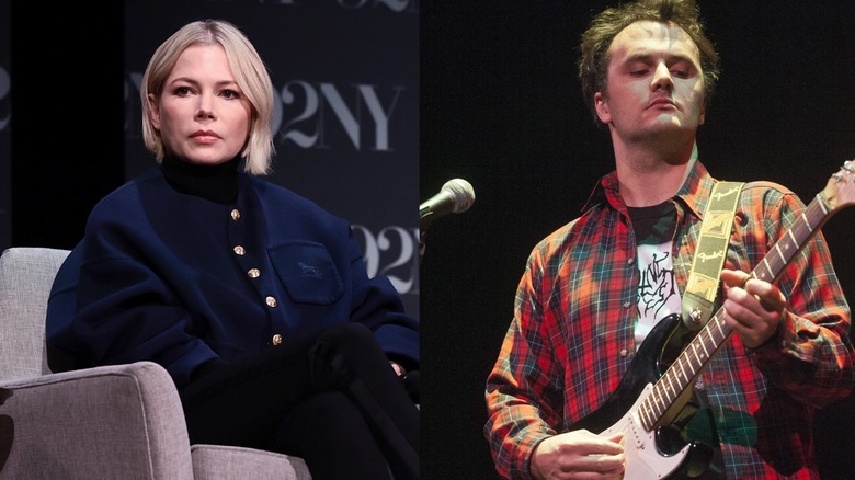 Michelle Williams in navy blue jacket; Phil Elverum playing guitar