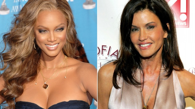 Tyra Banks, Janice Dickinson smiling in split image