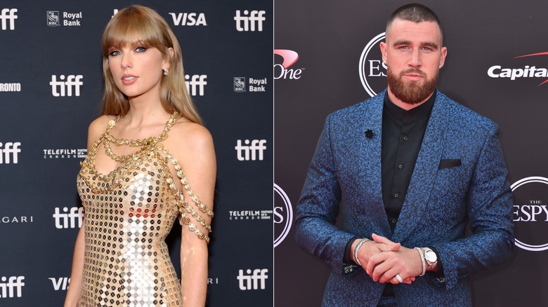 Taylor Swift wearing gold dress, Travis Kelce wearing blue blazer