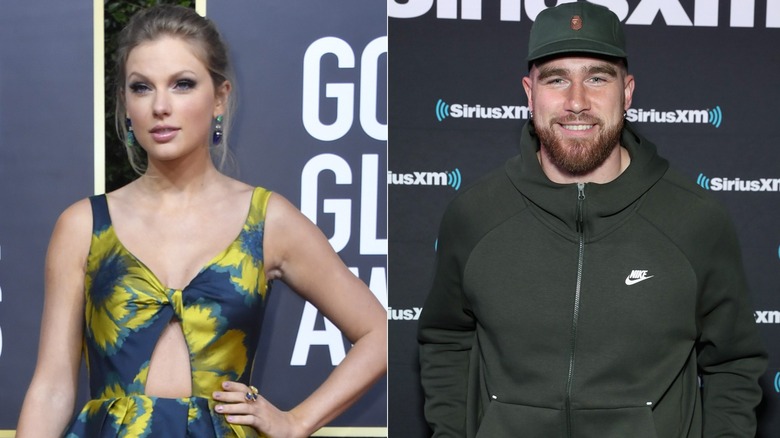 Taylor Swift posing, Travis Kelce smiling