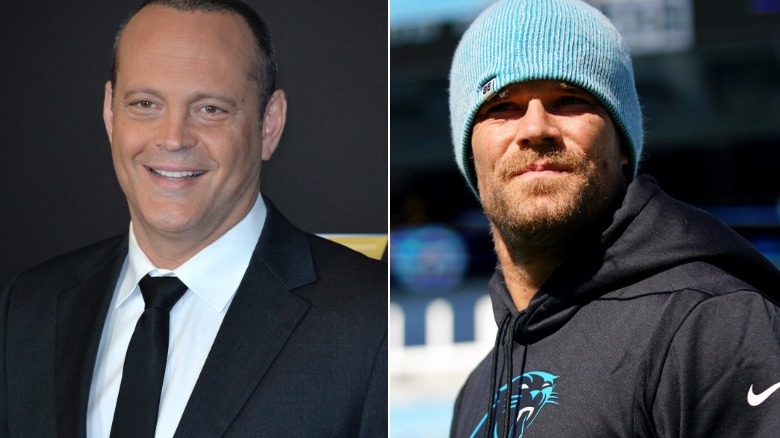Vince Vaughn on a red carpet; Greg Olsen on the football field
