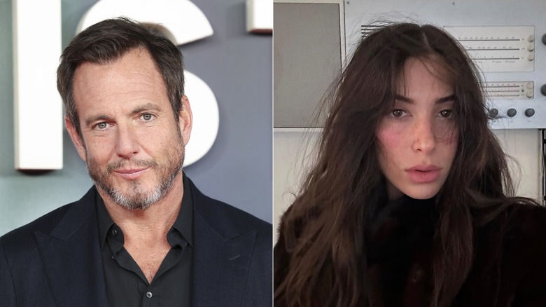 Will Arnett wearing a black suit; Emma Marciano with wind-blown hair