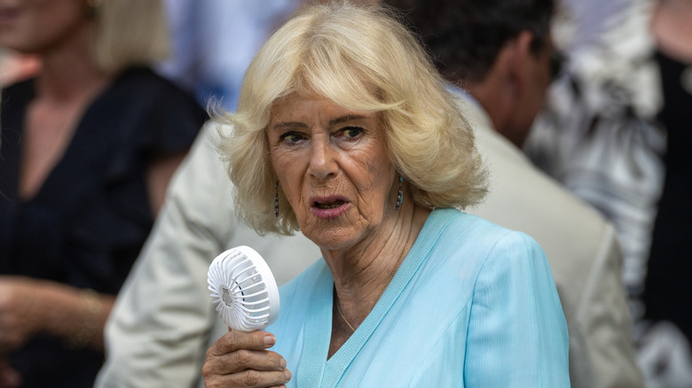 Queen Camilla holding a small fan at Wimbledon 2026.