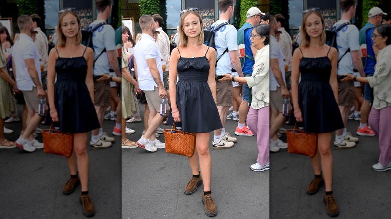 Lady Amelia Spencer posing in black dress at 2026 Wimbledon.