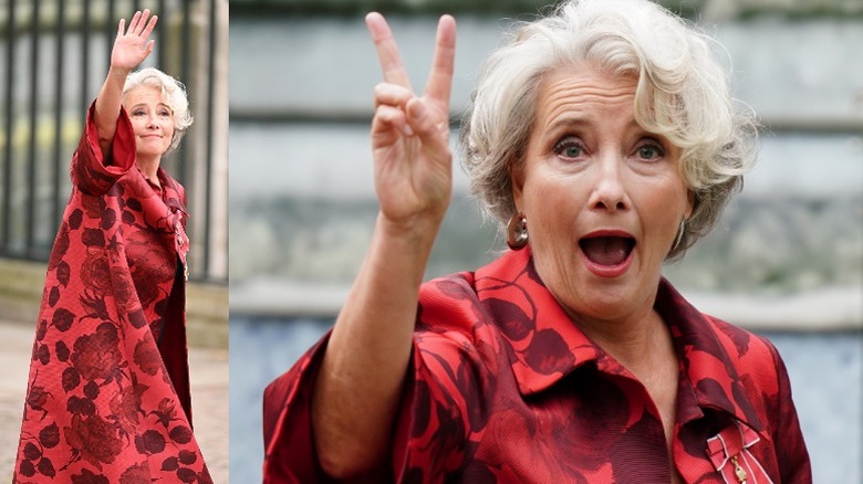 Emma Thompson long red floral housecoat