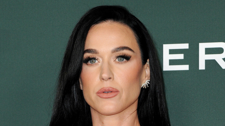 A closeup of Katy Perry's face on the red carpet