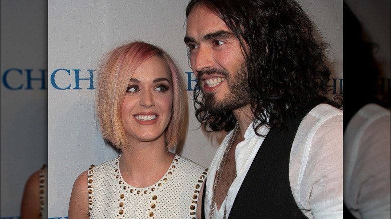 Katy Perry staring up at Russell Brand