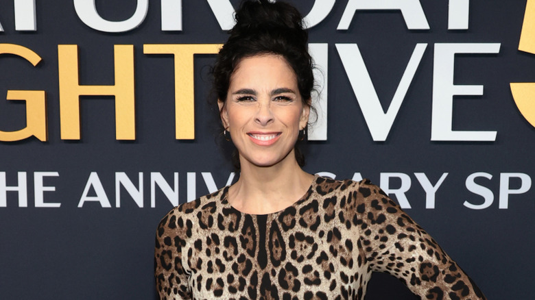 Sarah Silverman in a dress with a leopard pattern at the "SNL 50" red carpet