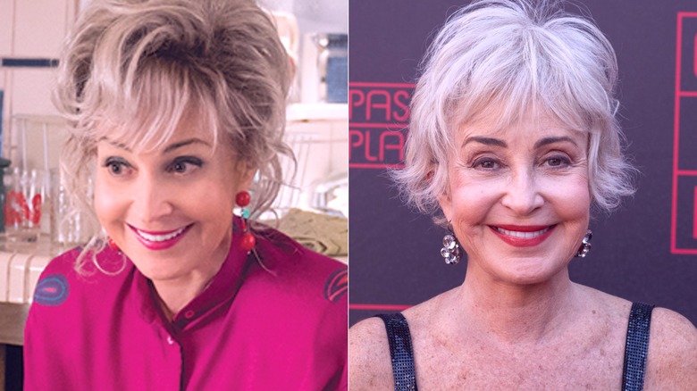 Meemaw smiling while sitting at the kitchen table in Young Sheldon and Annie Potts smiling in a black top in 2024