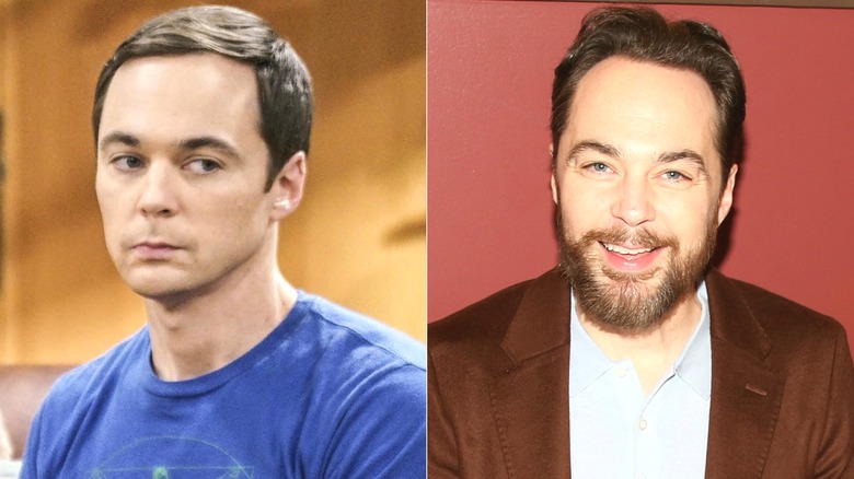 Sheldon Cooper sitting on the couch in The Big Bang Theory and Jim Parsons wearing a brown jacket and smiling in 2025