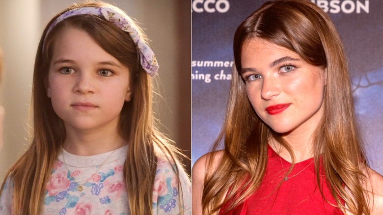 Missy Cooper standing in her kitchen in Young Sheldon and Raegan Revord posing in a red dress in 2024