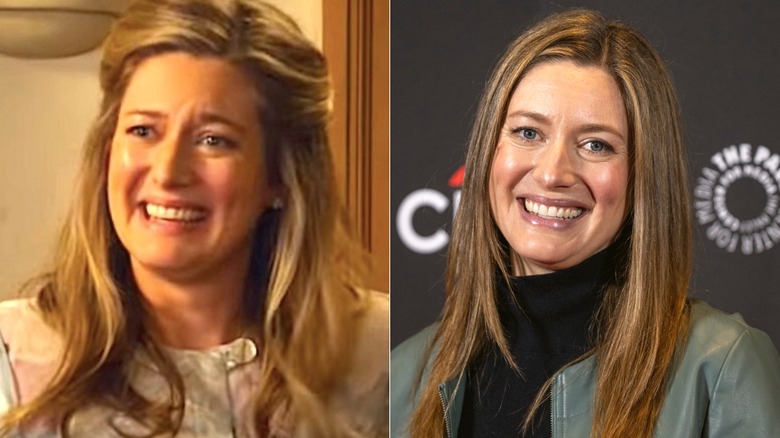 Mary Cooper smiling in her kitchen in Young Sheldon and Zoe Perry smiling for photographers in 2024