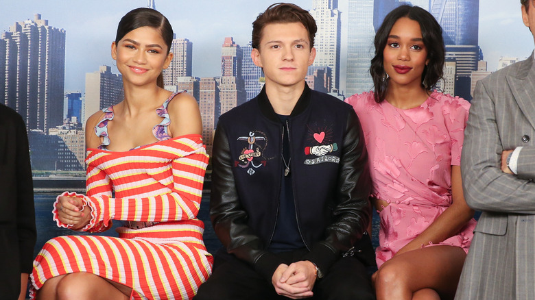 Zendaya, Tom Holland, and Laura Harrier at the "Spider-Man: Homecoming" photo call in 2017.