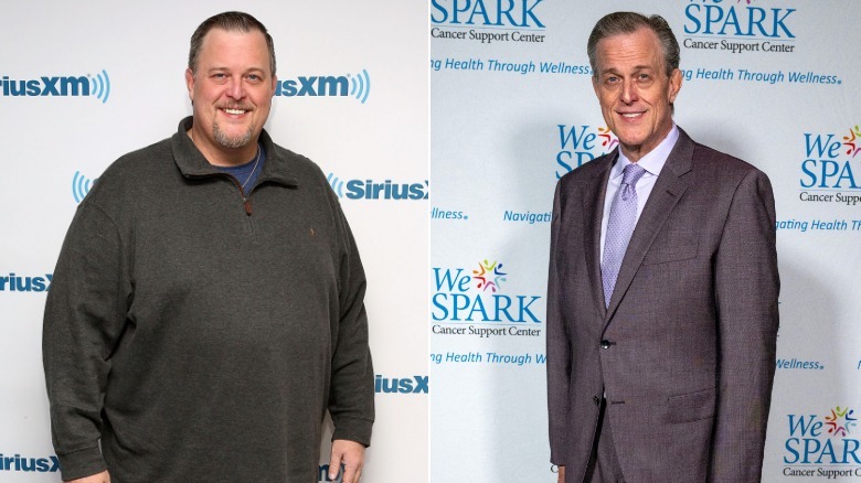 Split image of Billy Gardell wearing a gray quarter-zip before weight loss and wearing a gray suit after weight loss