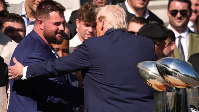 Donald Trump meeting players at the 2025 Super Bowl